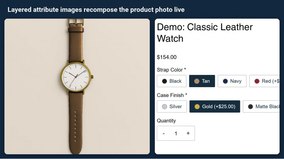 Wix Attribute Wizard Pro: Layered attribute images recompose the product photo live