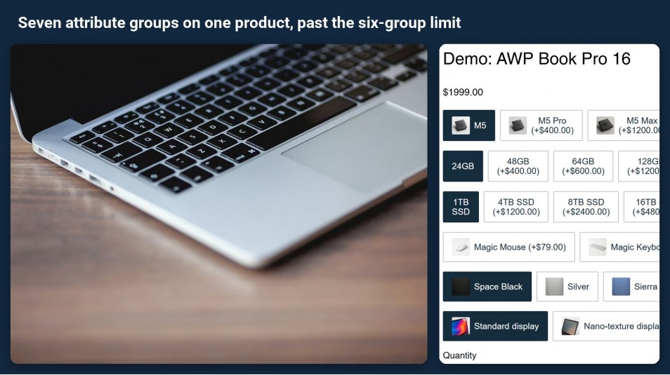 Wix Attribute Wizard Pro: Seven attribute groups on one Wix product, past the six-group limit