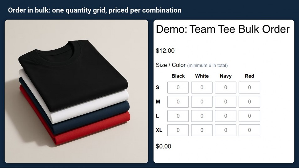 Wix Attribute Wizard Pro: Order in bulk: one quantity grid, priced per combination