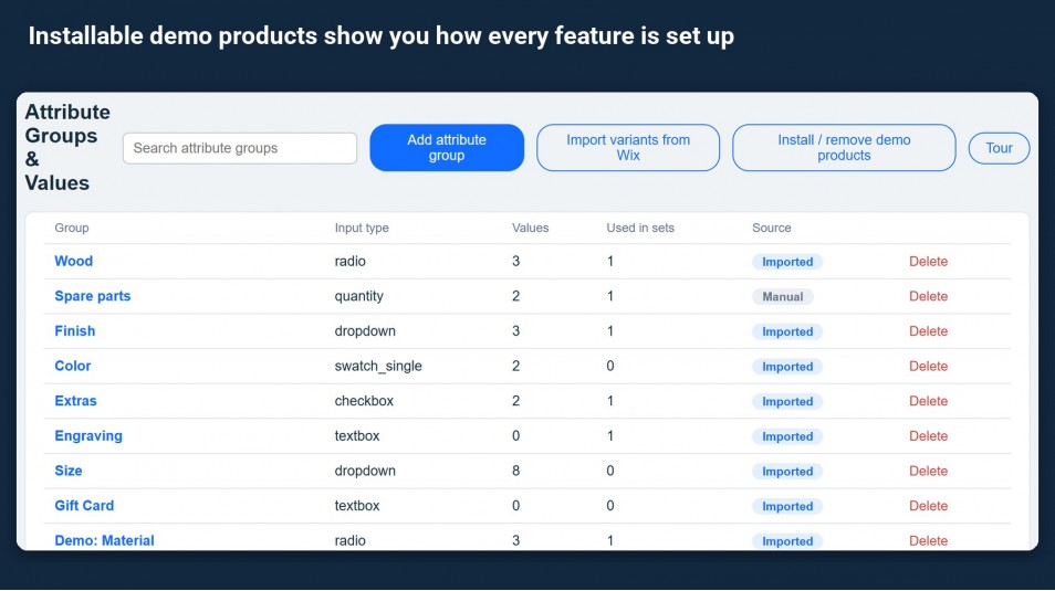 Wix Attribute Wizard Pro: Installable demo products show you how every feature is set up